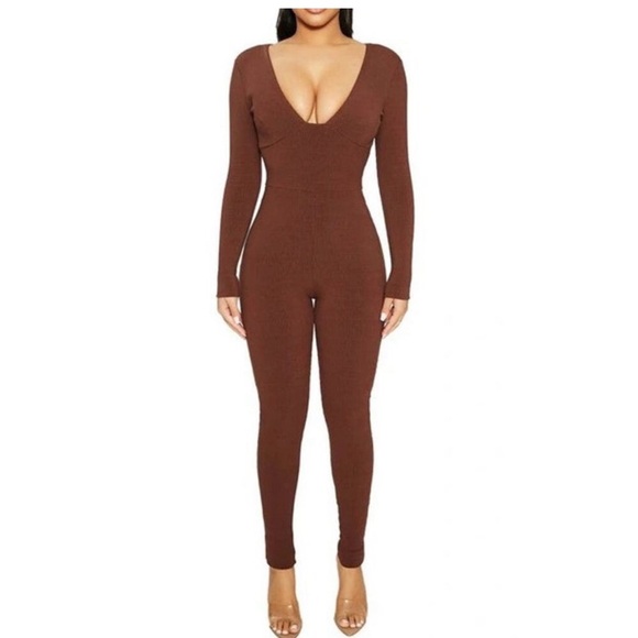 naked wardrobe Pants - (NWT) Naked Wardrobe Brown Long Sleeve Jumpsuit